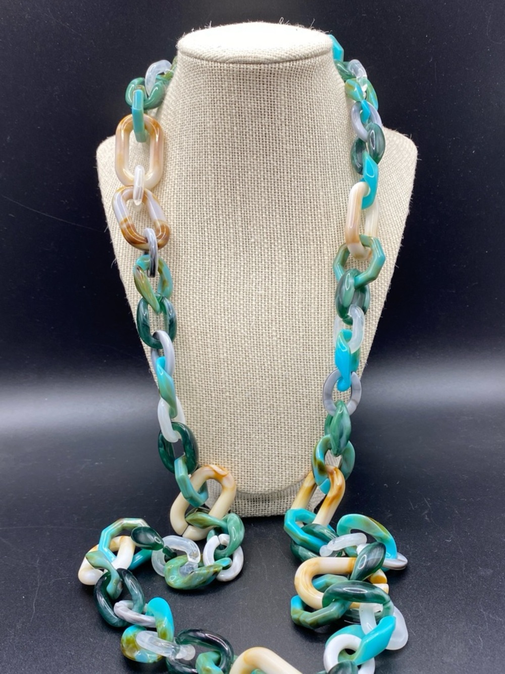 Chunky Multi-Color Resin Link Necklace - Green & Turquoise 44”